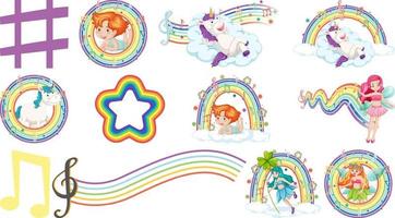 Set of fantasy fairies and cupids with rainbow elements vector