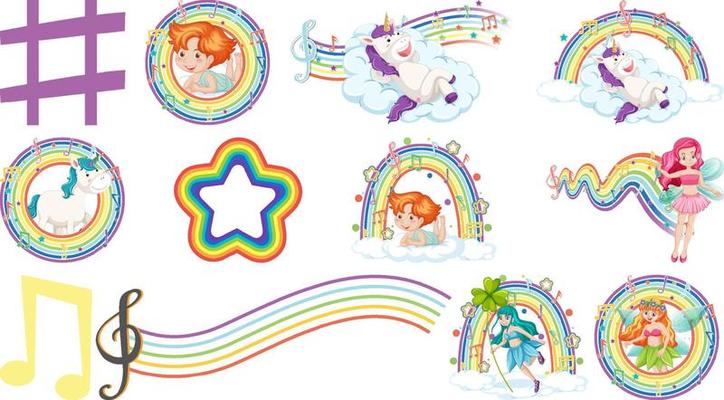 Set of fantasy fairies and cupids with rainbow elements