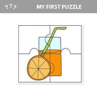 Jigsaw puzzle. Easy educational paper game for kids. Orange Juice vector