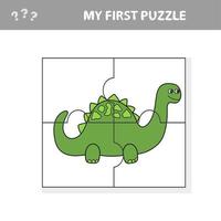 Cute puzzle game. Vector illustration of puzzle game with happy cartoon dino