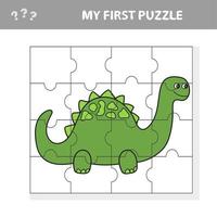 Cute puzzle game. Vector illustration of puzzle game with happy cartoon dino