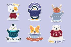 Cute Winter Animals Wearing Ugly Sweater Sticker Design vector