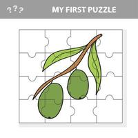 Jigsaw puzzle, education game for children. Fruits and vegetables, olives vector