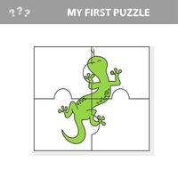 Cute puzzle game. Vector illustration of puzzle game with happy cartoon lizard