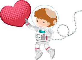 Little astronaut holding a heart on white background vector