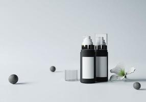 botellas de crema o bombas de perfume colocadas sobre un fondo blanco y negro. foto