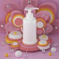 Pump bottle for cream or perfume on pink background. photo