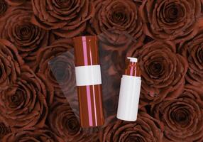 aerosol tube for medicine or cosmetics on red rose background photo