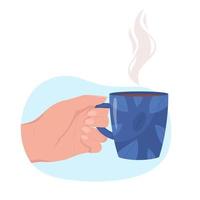 Hold blue cup of aromatic americano 2D vector isolated illustration