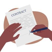 Hand writing on contract flat color vector illustration
