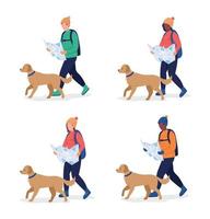 Persona de trekking con perro conjunto de caracteres vectoriales de color semi plano vector