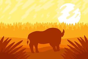 paisaje con bizon salvaje en el campo vector