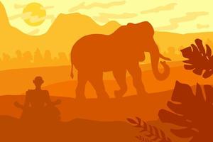 paisaje tropical indio con elefante y monje vector