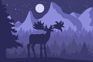 Elk in the night coniferous forest near the mountains vector