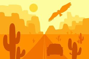 Desert landscape with eagle, cactus and sun. Vector