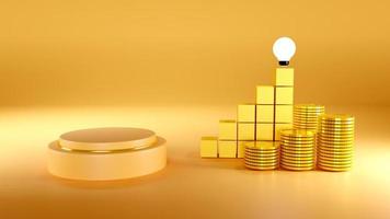 Light background round gold empty pedestal with graphs and gold coins photo