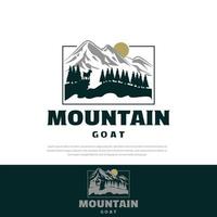 Mountain scenery logo illustration goat trees, hills, sun, mountains, symbol, illustration icon vector