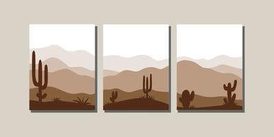 Landscape with saguaro cactus and plant in brown palette. Cactus, sparse vegetation, desert dunes and moumtains. Triptych. Vector illustration.