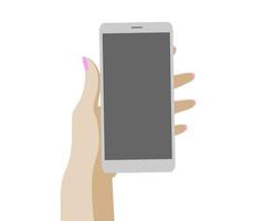 Female hand hold telephone on white background. Vector illustration in cartoon style.