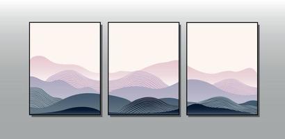 Abstract landscape in cold colors. Triptych. Interior wall decor. Home art. Vector illustration in scandinavian style.