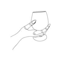 Female hand holding a glass drawn by one line. People sketch. Contemporary art. Vector illustration in minimal style.