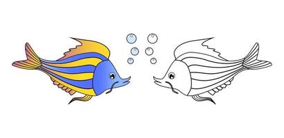 Cute sea fish in color and black contour line on white background. Vector illustration. For page coloring book.