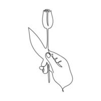 mano masculina que sostiene el tulipán dibujado por una línea sobre fondo blanco. boceto romántico. arte de dibujo de línea continua. ilustración vectorial simple. vector