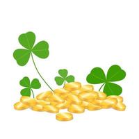 A pile of coin in clover isolated on white background. For patrick day. Vector illustration.