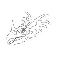 Skull of a styracosaurus with a flower in its eye socket drawn by one line. Dinosaur sketch. Continuous line drawing art animal sceleton. Vector illustration in minimal style.
