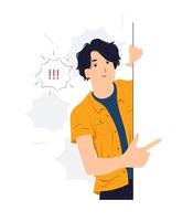 Man pointing finger on wall while startled, shocked, Surprised, speaking, listening, hearing, whispering, and Pay attention concept illustration vector