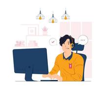 Male customer support phone operator with headset working in call center concept illustrations