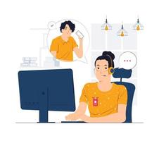 Operadora de telefonía de soporte al cliente femenino con auriculares trabajando en ilustraciones de concepto de centro de llamadas vector