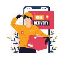 Mensajero confiado en uniforme amarillo con paquetes y entrega de paquetes ilustración de concepto de envío gratis vector
