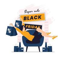 una niña que se siente feliz con compras en línea, compras en ilustraciones de concepto de viernes negro vector