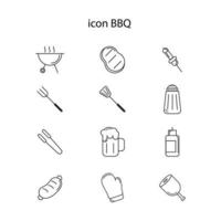 Set icon BBQ ,symbol, black outline, 12 icons, vector, illustration.