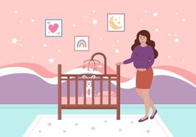 Pregnant woman standing near crib. Baby bedroom interior. Expectant mother in nursery room.  Preparing for child birth. Vector flat illustration