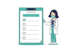 Cartoon female doctor wearing protective mask with checklist on clipboard vector