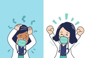 Cartoon female doctor wearing protective mask expressing different emotions vector