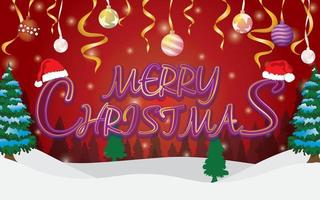 merry christmas everyone snow and trees background with letters and elements vector