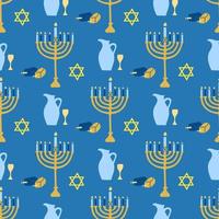 feliz hanukkah, el festival judío de las luces. candelabro menorá con velas encendidas. patrón transparente de vector sobre fondo azul