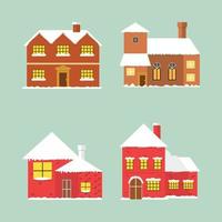 Xmas house set with vintage brick color. Christmas decorative house with fire chimney. Multicolor houses. Cute Christmas-decorated homes for background. Wintertime townhomes and cottage with snow. vector