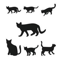 vector de silueta de gato con múltiples formas. gatos con siluetas de poses diferentes. vector de gato. gato caminando y sentado. colección felina sobre fondo blanco. diseño de conjunto de vector de gatito negro.