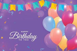 Happy birthday purple background with colorful confetti. Happy Birthday with colorful balloons. Birthday celebration banner, realistic balloons, colorful confetti, Birthday background. vector