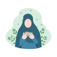 mujer musulmana rezando ilustración plana. musulmana vestida con un hijab azul y rezando diseño plano con fondo verde. Ilustración plana islámica de una niña musulmana rezando. niña rezando en un jardín. vector