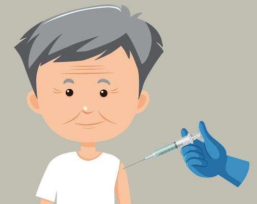 Cartoon character of an old man getting a vaccine