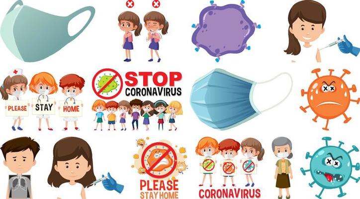 Cartoon character and Coronavirus vaccination isolated objects