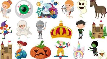 Set of isolated fairytale cartoon characters and objects vector