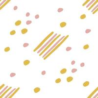 Modern seamless pattern of pink and yellow stripes and spots, dots on white background. vector