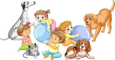 Cute babies group and dogs on white background vector