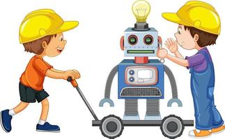 Dos niños construyendo robot sobre fondo blanco. vector